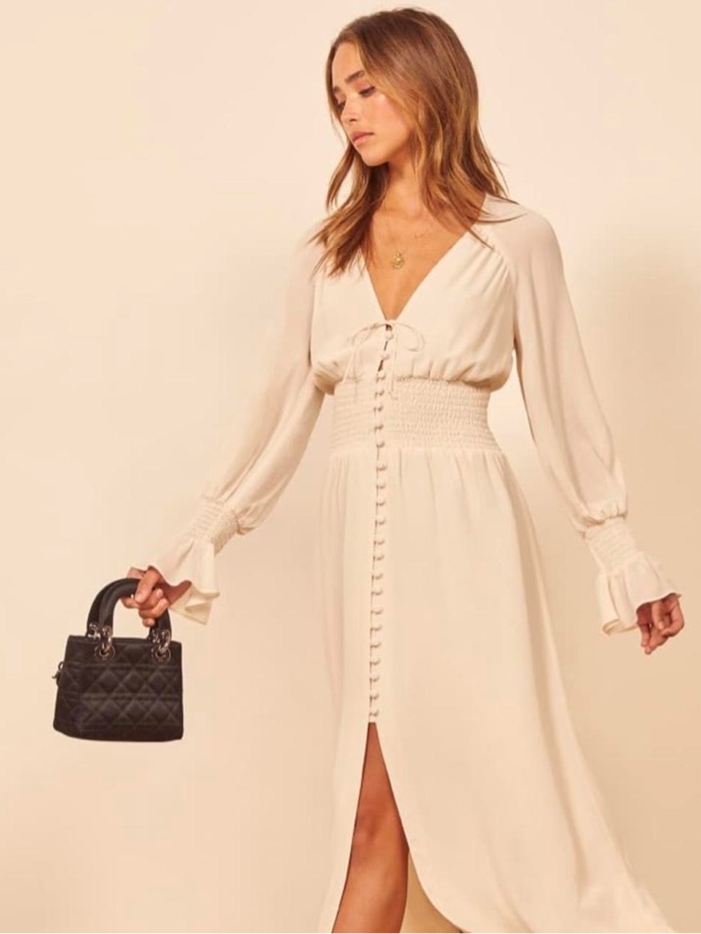 Reformation Cream Long Sleeve Midi Dress with Smocked Waist